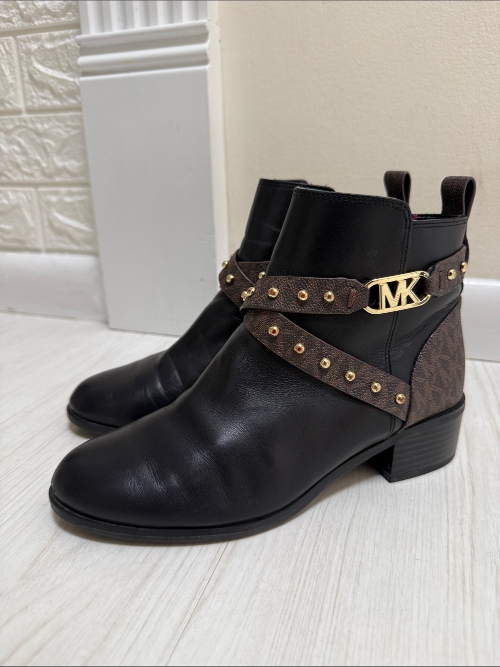 Michael Kors Black Leather Ankle Boots with Brown MK Strap & Gold Hardware